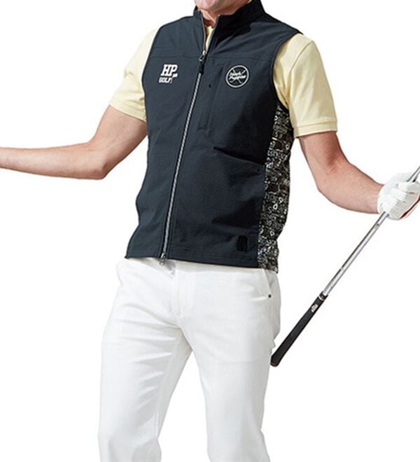 「＜ハッシュパピー・ゴルフ＞異素材切替ストレッチ総柄ベスト（メンズベスト）」｜詳細画像