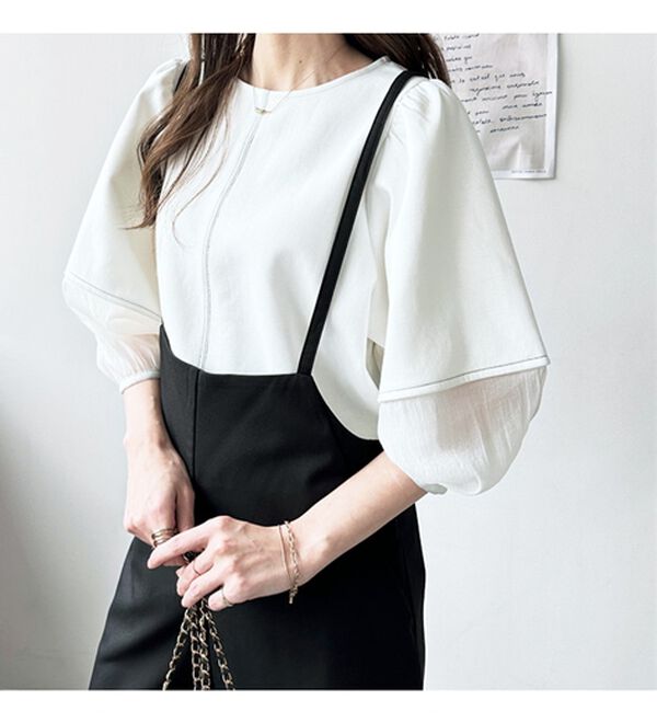 GeeRA（ジーラ）の「袖シアー切替ランタンスリーブトップス（カットソー）」｜詳細画像