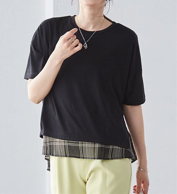 RANAN（ラナン）の「チェック柄異素材使いTシャツ（カットソー）」｜詳細画像