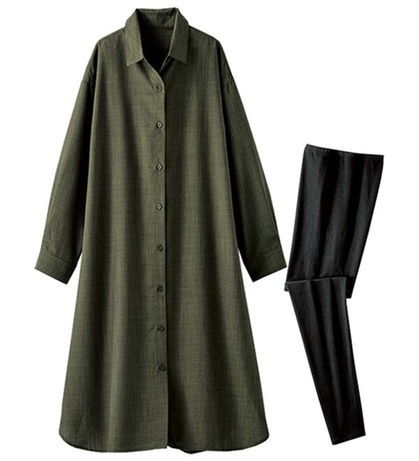 BELLUNA（ベルーナ）の「麻調シャツワンピース＆レギンスセット（アンサンブル）」｜詳細画像