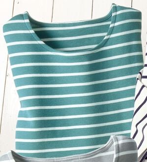 BELLUNA（ベルーナ）の「＜＆ｃｏｃｏｃｈｉ＞ハピネスコットン１００％なめらかボーダープルオーバー（カットソー）」｜セージ&times;白