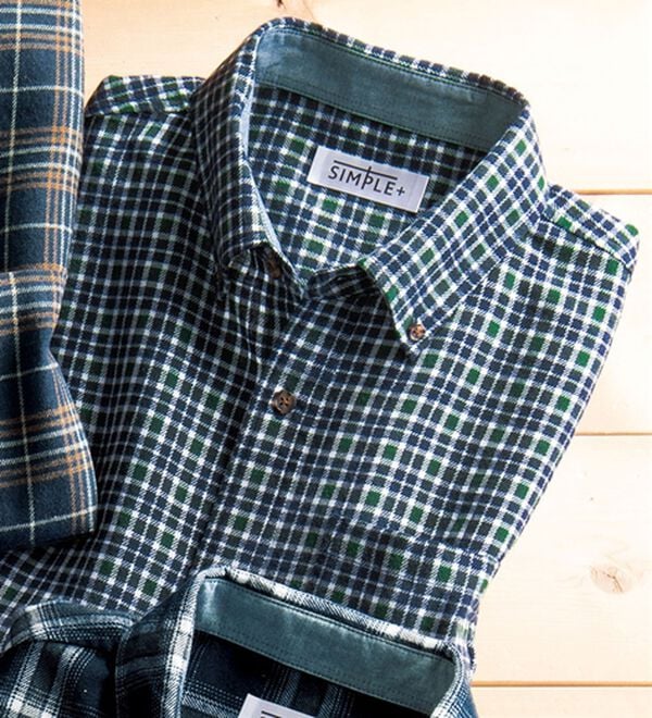 「シンプル＆プラス　フランネルチェックシャツ（メンズシャツ）」｜グリーンチェック(短め)