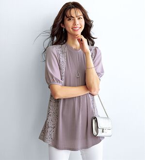 BELLUNA（ベルーナ）の「プリーツ&times;レース切替デザインチュニック（チュニック）」｜ライトグレー