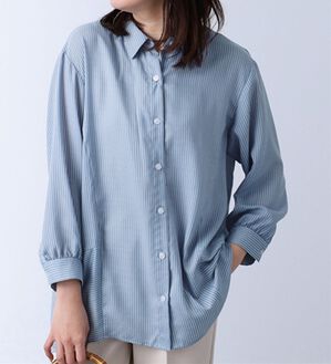 BELLUNA（ベルーナ）の「ストライプ切替デザインシャツチュニック（チュニック）」｜ブルー系