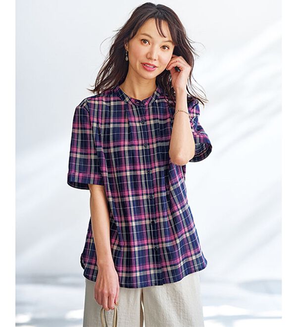 BELLUNA（ベルーナ）の「綿１００％バンドカラーシャツブラウス（ブラウス）」｜ネイビー系チェック