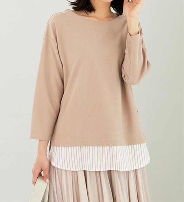 BELLUNA（ベルーナ）の「 ラメストライプシャツフェイクチュニック（チュニック）」｜ベージュ系