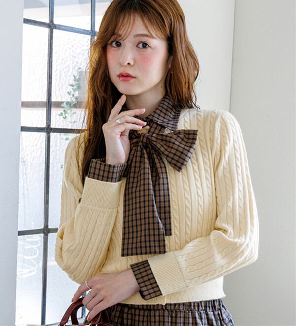 alotta（アロッタ）の「【Corie】チェック柄ボウタイシャツ２ＷＡＹカーデ（ニットカーディガン）」｜詳細画像