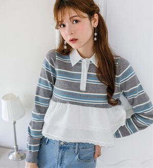 「【Corie】レースティアードポロ衿ニット（ポロシャツ）」｜グレー系