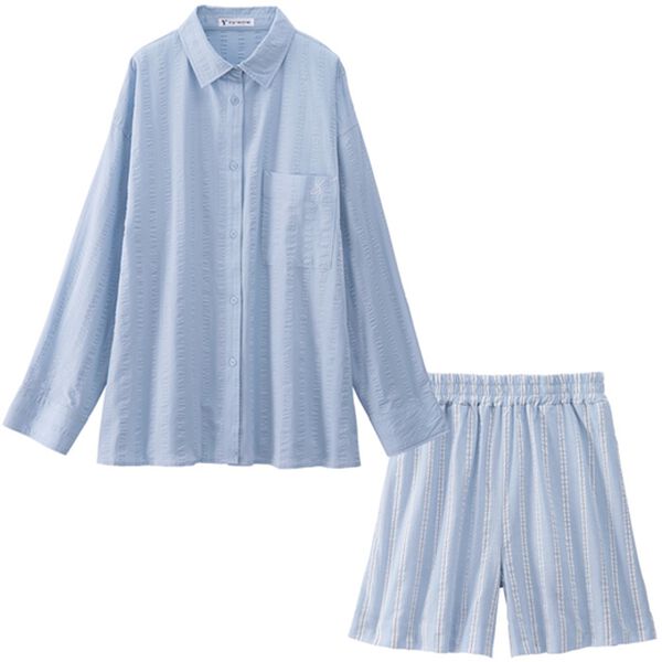 YU'NOW（ユナウ）の「【長袖＋ショートパンツ】綿１００％サッカーシャツパジャマ（パジャマ・ルームウェア）」｜詳細画像