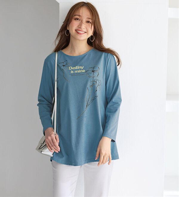 BELLUNA（ベルーナ）の「一枚で着映えるデコラＴ（長袖）（チュニック）」｜ターコイズ(フラワー)