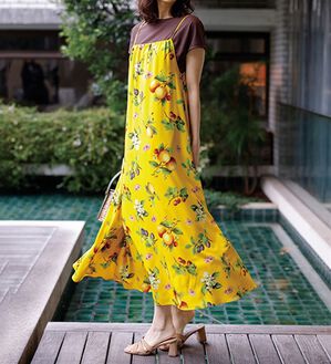 RANAN（ラナン）の「トロピカルプリントギャザーキャミワンピ（プリントワンピース）」｜イエロー系