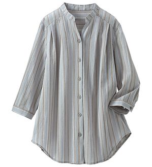 BELLUNA（ベルーナ）の「ストライプ柄スキッパーブラウス（ブラウス）」｜モノトーン系