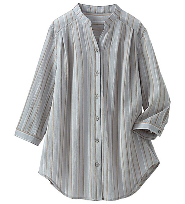 BELLUNA（ベルーナ）の「ストライプ柄スキッパーブラウス（ブラウス）」｜モノトーン系