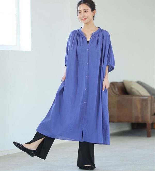 A HAPPY MARILYN（アハッピーマリリン）の「【Ｌ～６Ｌ】【風通るプレミアム】綿１００％ 楊柳 五分袖 ギャザーたっぷりワンピース（カットソーワンピース）」｜詳細画像