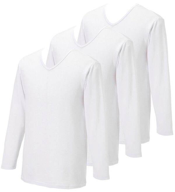 「【３枚組】温もり工房）　肌側綿１００％しっとり暖かインナー（メンズ肌着・インナーウェア）」｜オフホワイト3枚組 長袖V首