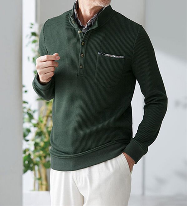 「ワッフルダブル衿トレーナー（メンズトレーナー）」｜詳細画像