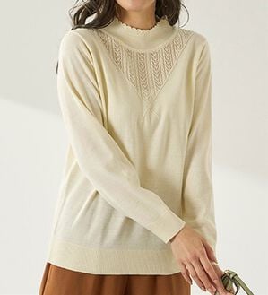 BELLUNA（ベルーナ）の「静電防止！洗えるウール入り透かし編みセーター（ニット・セーター）」｜オフ白