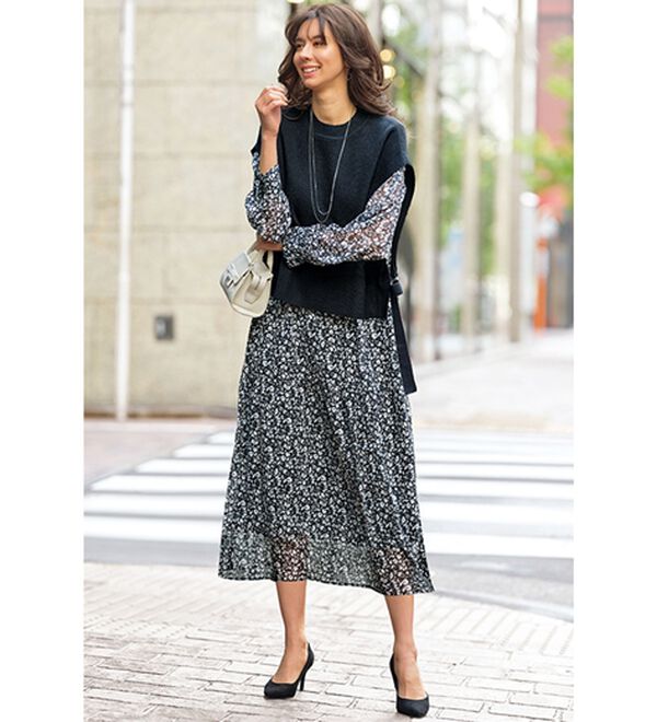 ベスト付花柄ワンピース - ベルーナ【公式】 