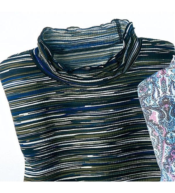 BELLUNA（ベルーナ）の「楊柳素材プリントハイネックプルオーバー（カットソー）」｜ボーダー柄(ブルー)