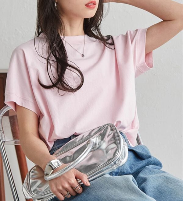 RANAN（ラナン）の「【選べる袖丈】ひんやり！＜BC＞綿100％プチハイネックＴシャツ（カットソー）」｜ピンク（半袖）