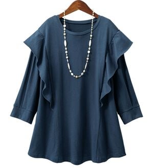ルフラン（ルフラン）の「ちょい洒落＊７分袖ラッフルショルダーＴシャツ（カットソー）」｜ネイビー