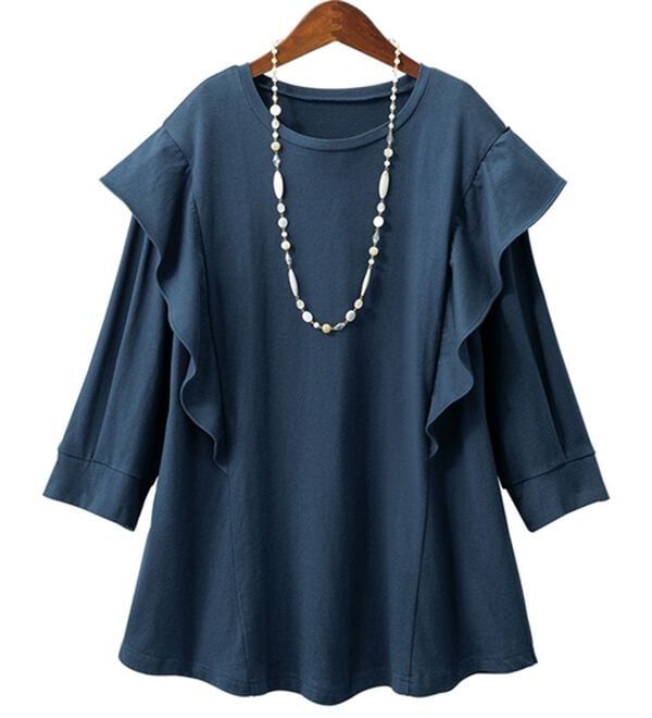 ルフラン（ルフラン）の「ちょい洒落＊７分袖ラッフルショルダーＴシャツ（カットソー）」｜ネイビー
