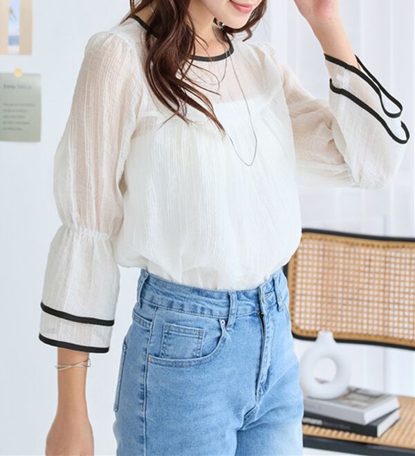 alotta（アロッタ）の「配色楊柳シアーブラウス（ブラウス）」｜詳細画像