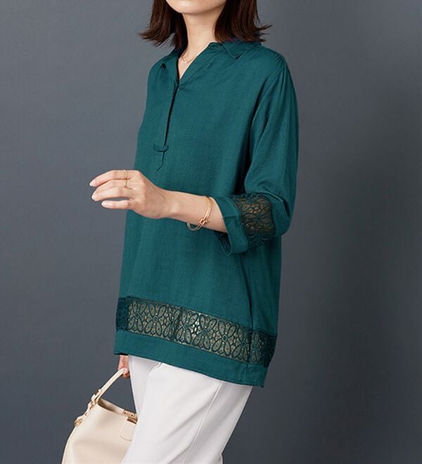 BELLUNA（ベルーナ）の「袖＆裾レースデザインシャツチュニック（チュニック）」｜詳細画像