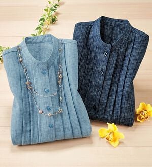 ルフラン（ルフラン）の「【２色組】かすり調半開チュニック＜浅葱～あさぎ～＞（チュニック）」｜詳細画像