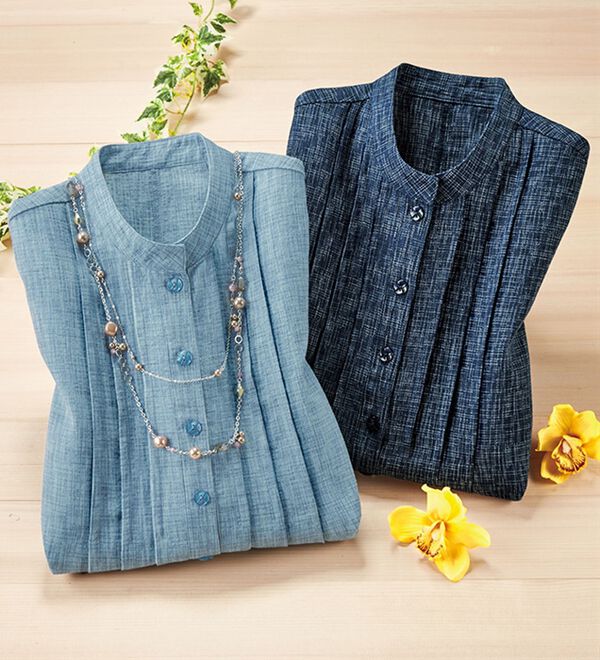 ルフラン（ルフラン）の「【２色組】かすり調半開チュニック＜浅葱～あさぎ～＞（チュニック）」｜詳細画像