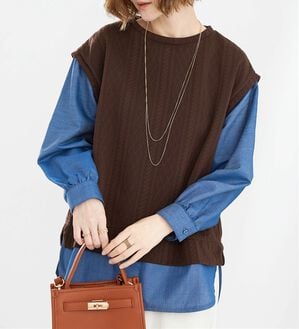 BELLUNA（ベルーナ）の「重ね着風ケーブル&times;デニム切替チュニック（チュニック）」｜詳細画像