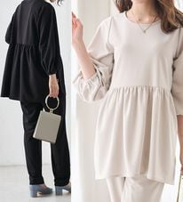 RANAN（ラナン）の「＜２点セット＞洗える！ランタンスリーブペプラムブラウス＆テーパードパンツセット（ブラウススーツ）」