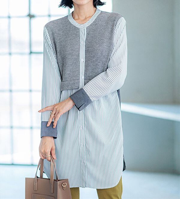 BELLUNA（ベルーナ）の「ストライプ&times;異素材切替シャツチュニック（チュニック）」｜詳細画像