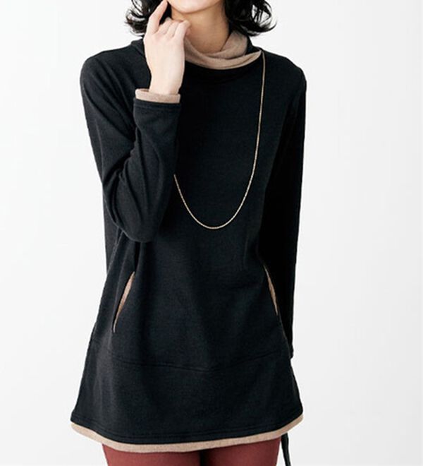 BELLUNA（ベルーナ）の「衿デザイン配色チュニック（チュニック）」｜黒／ベージュ