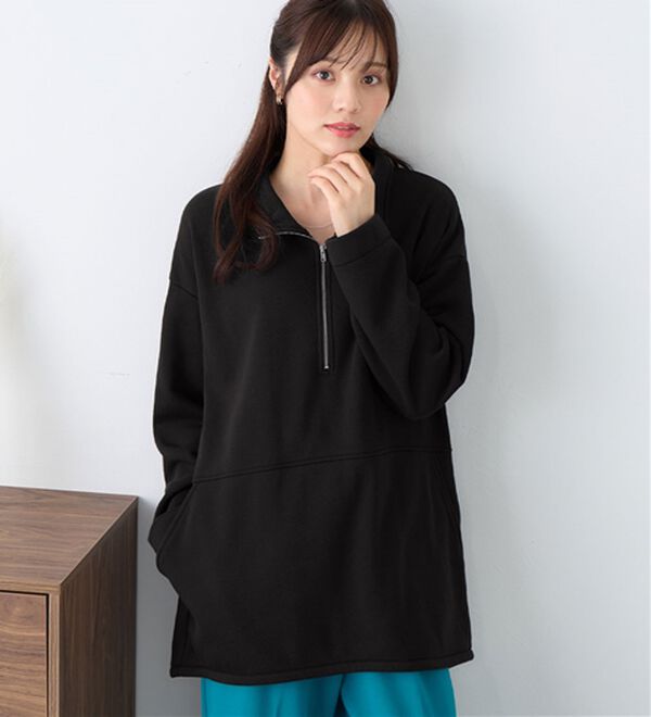alotta（アロッタ）の「【毛玉になりにくい】柔らか裏起毛ハーフジップチュニック（チュニック）」｜ブラック