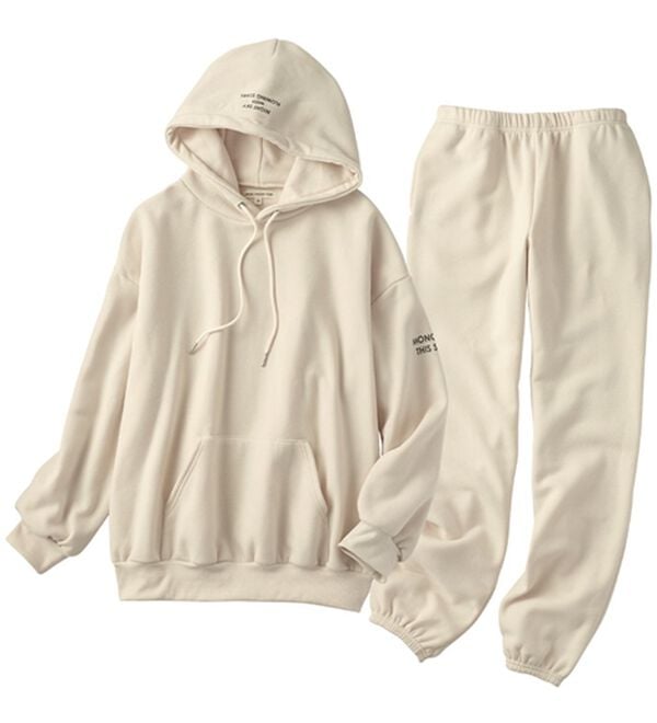 YU'NOW（ユナウ）の「【２点セット】ゆるシルエットロゴパーカー＆パンツ（裏起毛）（パジャマ・ルームウェア）」｜アイボリー