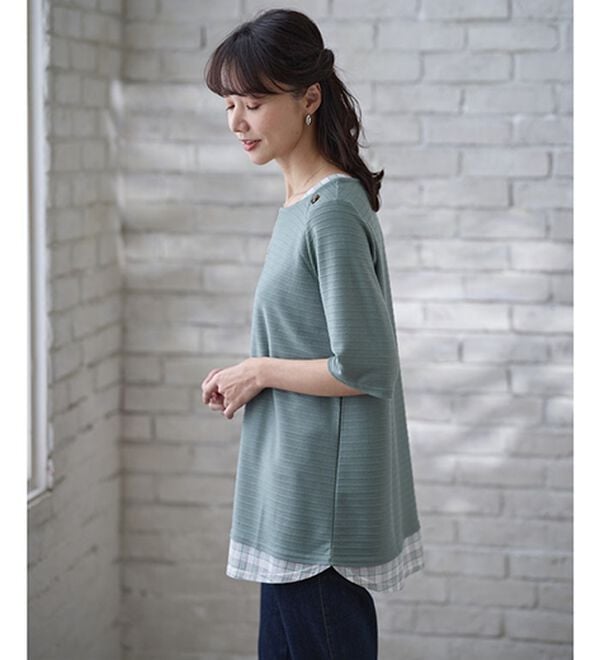 BELLUNA（ベルーナ）の「ひんやり冷感！タックジャカード素材重ね着風プルオーバー（カットソー）」｜詳細画像