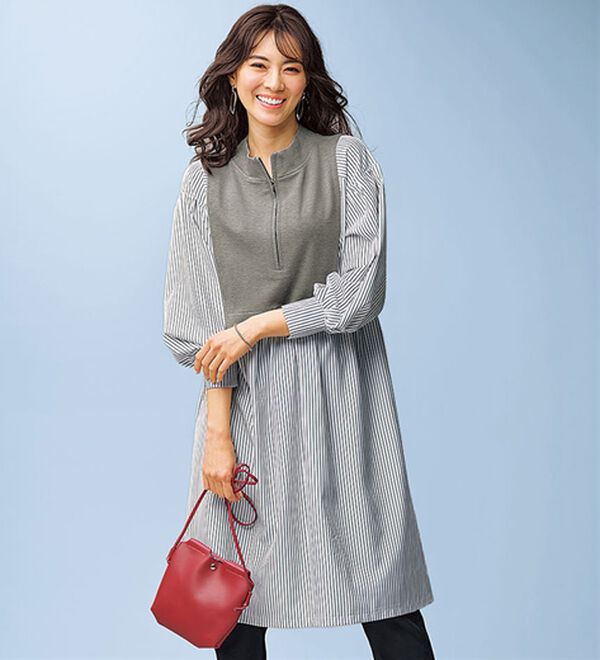 ハーフジップ使いストライプ切替ワンピース - ベルーナ【公式】 