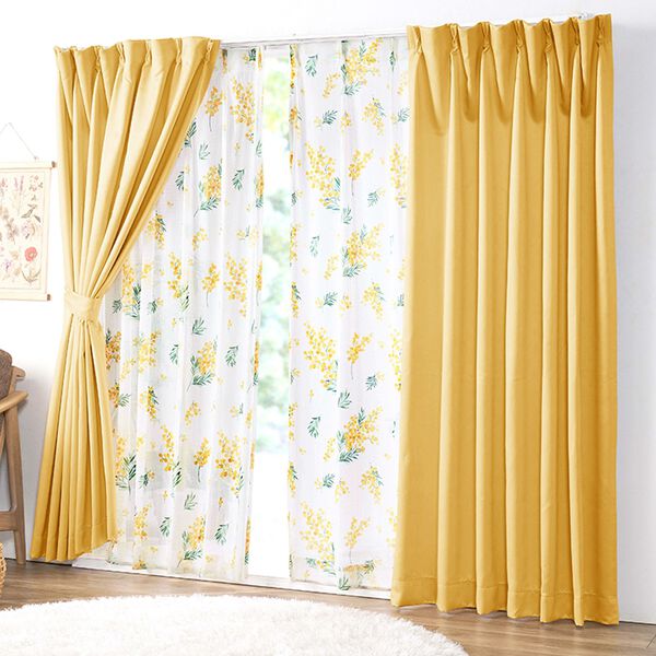 iellio（イエリオ）の「お買得カーテンセット（柄レース）＜４枚組・洗える・３級遮光・新生活・一人暮らし・引っ越し・模様替え・リーフ柄・ミモザ柄＞（ドレープカーテン）」｜詳細画像