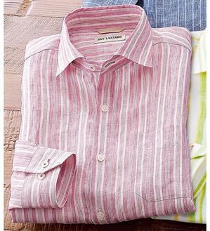 「きちんと見えるフレンチリネン１００％シャツ（メンズシャツ）」｜サーモンストライプ