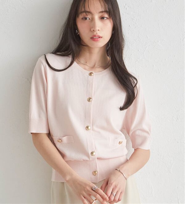 RANAN（ラナン）の「ゴールド調ボタン5分袖ニットカーデ（ニットカーディガン）」｜詳細画像