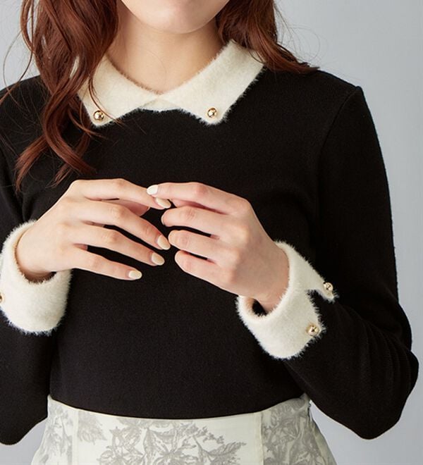 alotta（アロッタ）の「洗える！もっちりタッチ衿付フェザー切替配色ニット（ニット・セーター）」｜詳細画像