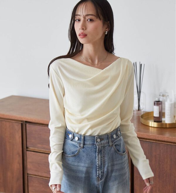 RANAN（ラナン）の「【春色追加】上品ドレープリブロングＴシャツ（カットソー）」｜詳細画像