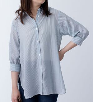 BELLUNA（ベルーナ）の「シアーストライプ素材シャツチュニック（シャツ）」｜ターコイズ系