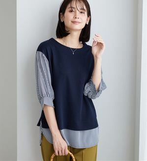 BELLUNA（ベルーナ）の「ラメ調素材シャツフェイクチュニック（チュニック）」｜ネイビー