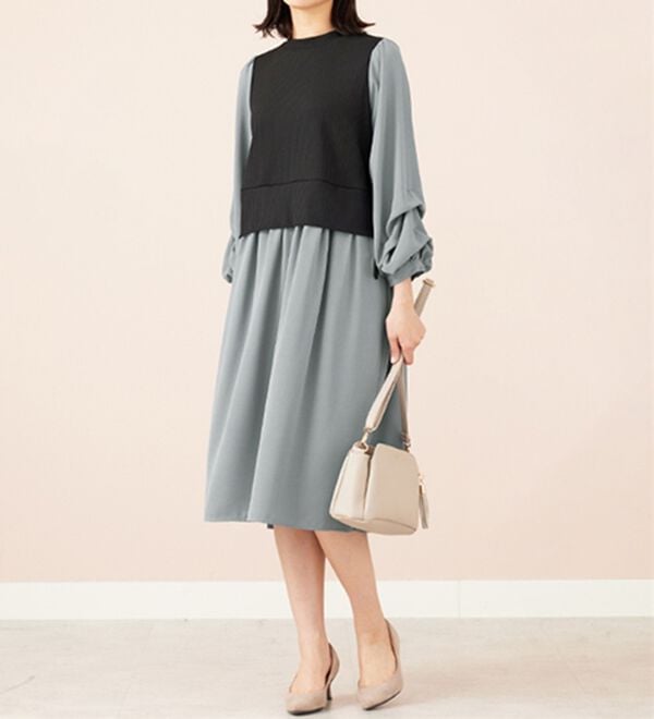 BELLUNA（ベルーナ）の「袖タックデザイン異素材切替ワンピース（その他ワンピース）」｜詳細画像