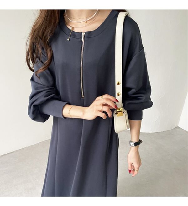 GeeRA（ジーラ）の「【再入荷】1枚で決まる！ハーフジップフレアワンピース（カットソーワンピース）」｜詳細画像