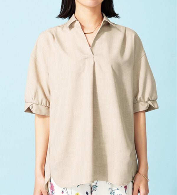 BELLUNA（ベルーナ）の「袖タックデザイン麻調素材スキッパーブラウス（ブラウス）」｜詳細画像