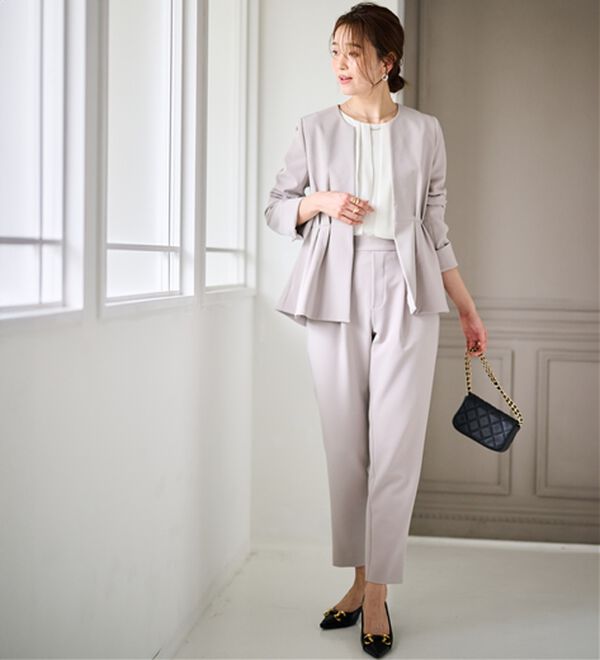 RANAN（ラナン）の「【２点セット】防シワ！ノーカラーペプラムパンツスーツ（パンツスーツ）」｜詳細画像