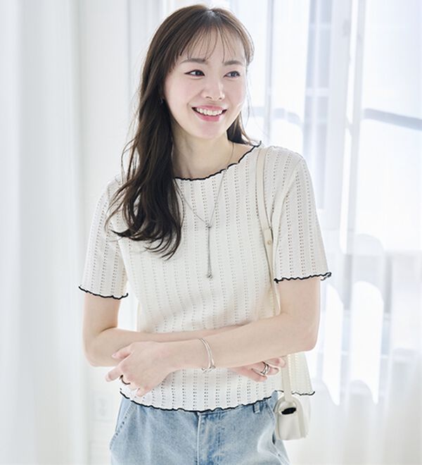 RANAN（ラナン）の「透かし柄メロー配色Ｔシャツ（カットソー）」｜詳細画像